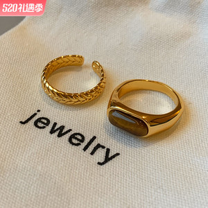虎眼宝石金色复古装饰素圈开口食指戒指女轻奢小众设计高级感指环