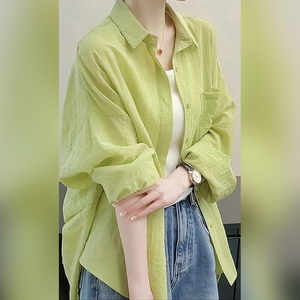 薄荷绿色防晒棉麻亚麻衬衫设计感高级衬衣女2024新款绝美上衣夏季