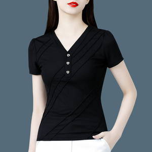 黑色V领短袖T恤女百搭洋气小衫2024年夏季新款时尚收腰减龄上衣潮