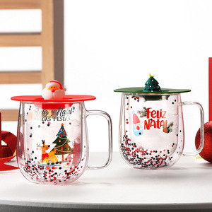 双层杯高硼硅玻璃杯隔热水杯家用带把手杯子高颜值圣诞杯冬天礼物