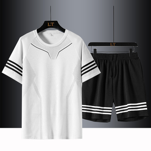 运动服套装男夏季聚酯纤维短袖短裤跑步健身足球训练服两件套