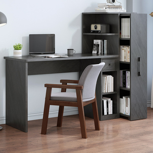 实木书桌书架组合一体桌家用学生电脑台式卧室推拉书柜极简写字桌