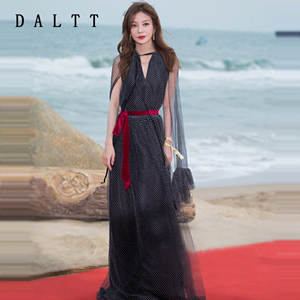 DALTT2022新款明星赵薇走秀款同款时尚波点印花长裙黑色连衣裙女
