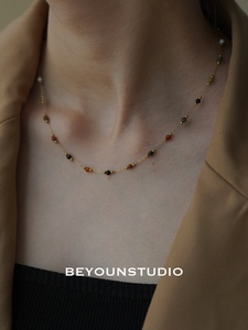 别样 细款米珠轻奢小众彩色珠设计感金色链条钛钢项链女锁骨链647