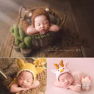 可爱新生儿卡通帽子宝宝拍照毛线帽婴儿满月写真龙年摄影影楼道具