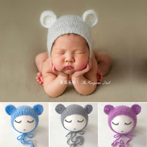 新生儿摄影道具宝宝照小耳朵可爱小帽子儿童摄影手工编织毛线道具