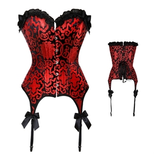 新款红色提花收腹外贸性感宫廷红色corset束腰塑身衣吊袜带派对装