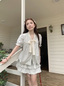 kumikumi甜美风套装女蝴蝶结系带条纹衬衫夏季蛋糕裙半身裙两件套