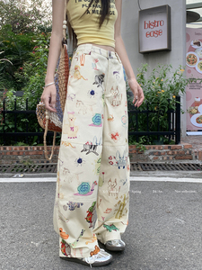 kumikumi美式彩色卡通手绘宽松休闲裤女夏季高腰直筒裤拖地裤长裤