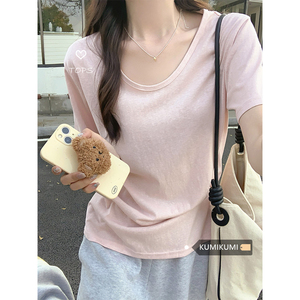 kumikumi设计感小众纯色短袖T恤女夏季基础款打底衫休闲宽松上衣