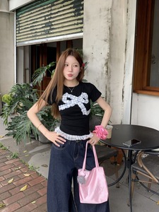 kumikumi甜辣妹撞色蝴蝶结T恤女夏季设计感蕾丝花边修身短袖上衣