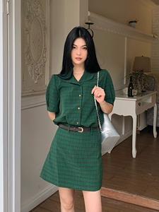 kumikumi复古套装女绿色格子翻领衬衫夏季高腰A字裙半身裙两件套