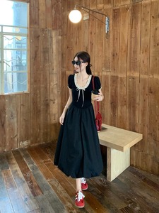 kumikumi法式复古黑色连衣裙女夏季减龄收腰蓬蓬裙A字裙气质长裙