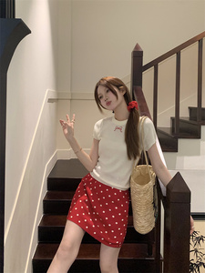 kumikumi甜美风套装蝴蝶结刺绣镂空针织衫女夏季波点半身裙两件套