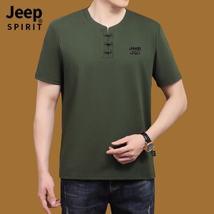 Jeep吉普夏季薄款中年男士短袖t恤棉质中国风v领半袖上衣休闲体恤