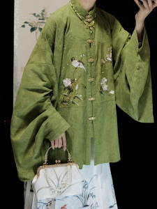 鹿鸣溪原创汉服明制上衣补服立领对襟绿色汉元素新中式日常比甲春