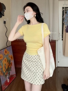 MLYD/定制 大码黄色绑带针织衫女上衣法式甜美气质波点半裙两件套