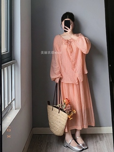 MLYD/定制 大码粉色雪纺防晒衬衫女法式慵懒风遮肉显瘦半裙两件套