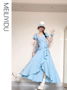 MLYD/定制 大码V领荷叶边一片式连衣裙女蓝色泡泡袖显瘦开叉长裙