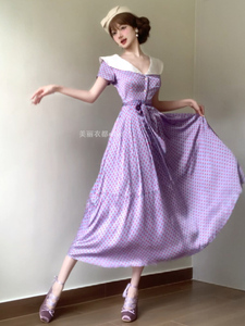 大码法式复古波点紫色连衣裙女夏季富家千金风V领气质收腰长裙子