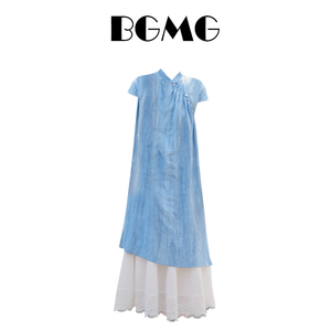 新中式国风蓝色连衣裙女2024夏季新款白色高腰蕾丝蛋糕裙子两件套