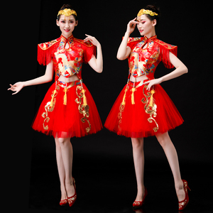 现代舞演出服新款亮片喜庆水鼓打鼓舞表演中国风开场舞蹈服装短裙