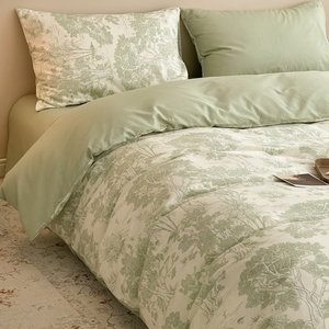 田园风纯棉床上四件套床笠100全棉小清新床品绿色被套床单三件套