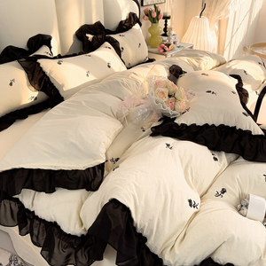 法式浪漫公主风床上四件套高级感黑边床品女非全棉纯棉被套床单夏