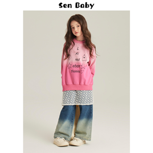 Senbaby女童卫衣春装儿童韩版童装上衣中大童印花宽松休闲粉外套