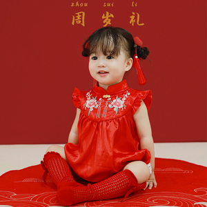周岁女宝礼服夏季新中式红色抓周旗袍国风高端短袖包屁衣宝宝衣服