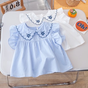 女童新款衬衣短袖2024夏季韩版娃娃领上衣洋气泡泡袖儿童白色衬衫