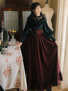 欧洲中世纪复古裙黑色衬衫搭配高腰半身裙宫廷风长裙套装女两件套