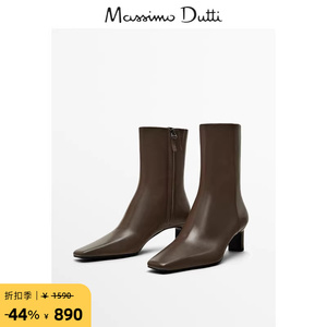 折扣季Massimo Dutti女鞋 2024夏季新款 棕色方头简约真皮高跟短靴 11102350700