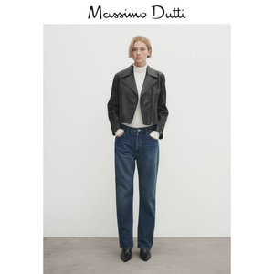 新品特惠MassimoDutti2024女装骑士风机车中性帅气黑色真皮夹克短外套皮衣04700770800