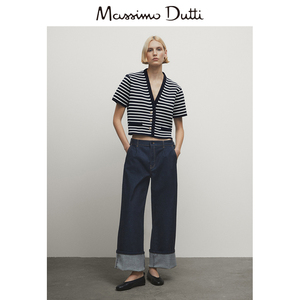 新品特惠 Massimo Dutti 2024女装小香风休闲条纹舒适棉短袖V领毛衣开襟衫 05704658477