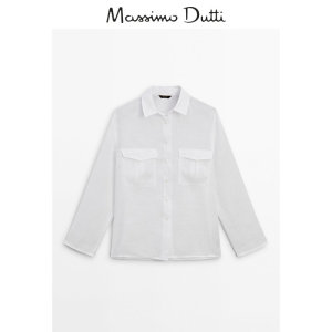 春夏新品MassimoDutti2024女装法式极简通勤风百搭白色纯亚麻翻领长袖衬衫05134941250