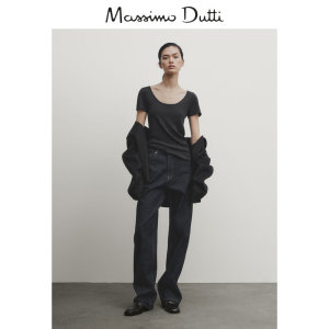 春夏新品MassimoDutti2024女装基础款美式休闲风纯色修身罗纹U型领短袖T恤 06852578818