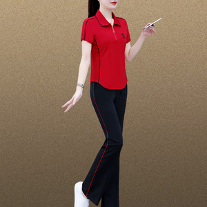 年轻妈妈运动套装女夏季2024新款时尚大码冰丝运动服薄两件套红色