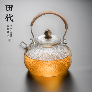 铜提梁锤纹茶壶 700ml耐热高硼硅玻璃圆手工壶短嘴带滤网泡煮茶壶