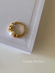 「LAINKA」极简小众复古异形天然淡水珍珠18K金韩式百搭情侣戒指