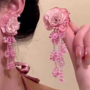 超仙度假风粉色花朵雪纺耳环女长款流苏串珠气质耳饰独特设计夸张