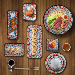 三创仿瓷密胺盘子商用寿司小碟子长方形日式风圆盘红色高级感餐具