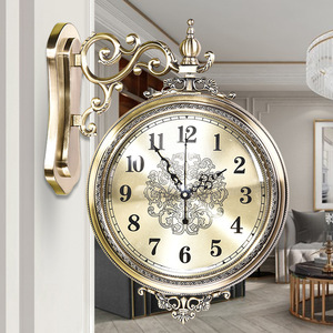 美式全金属双面挂钟欧式静音客厅钟表石英钟两面复古挂表创意时钟