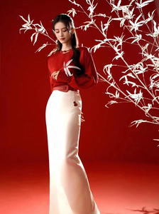 欧美明星刘诗诗同款新中式国风高级感红色衬衫减龄半身裙时尚套装