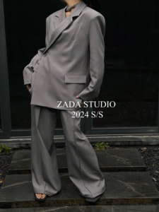 ZADA春季套装女不规则斜扣设计时髦垫肩西装外套+松紧腰阔腿长裤