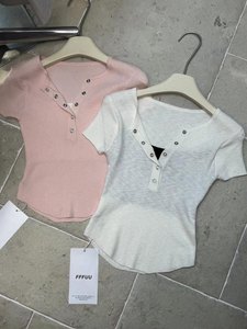 十三行夏季韩版V领排扣套头短袖显瘦薄款拼接假两件针织衫上衣女
