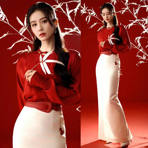 刘诗诗同款新中式国风高级感红色衬衫减龄半身裙时尚套装
