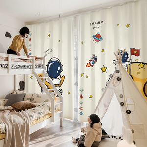 新款儿童房窗帘卧室遮光免打孔太空宇航员卡通短帘男孩飘窗挂钩式