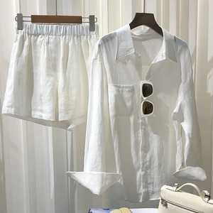 白衬衫亚麻套装女宽松大码棉麻五分短裤高端质感长袖衬衣两件套夏