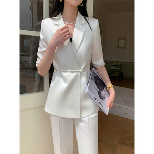 国风中式西装套装女夏季薄款修身职业韩版高级感醋酸中袖白色西服